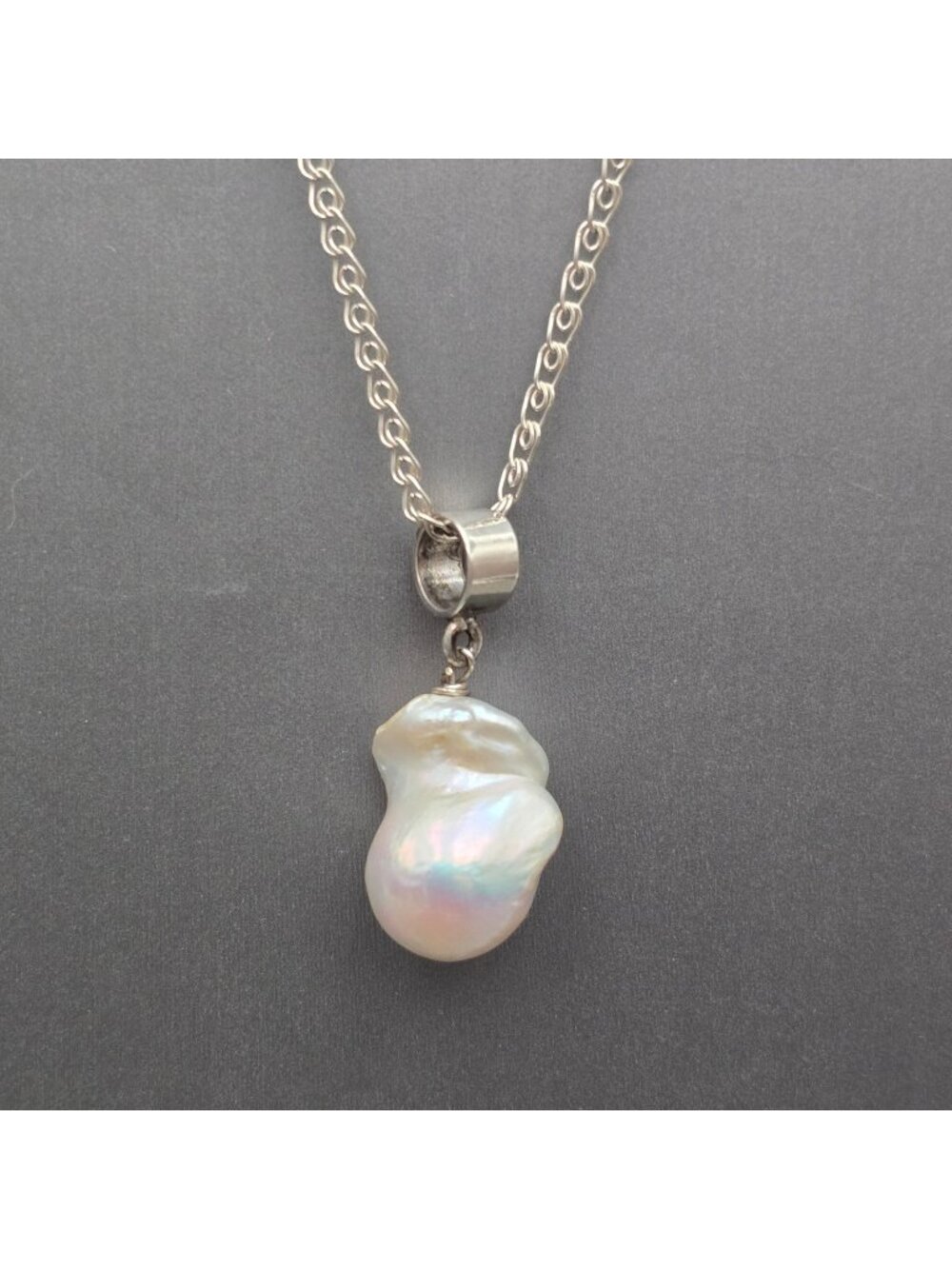 Vintage Sterling Silver Baroque Pearl Pendant Necklace 18" Irregular Flame Pearl